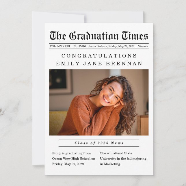 Newspaper Style Photo Graduation Announcement (Front)