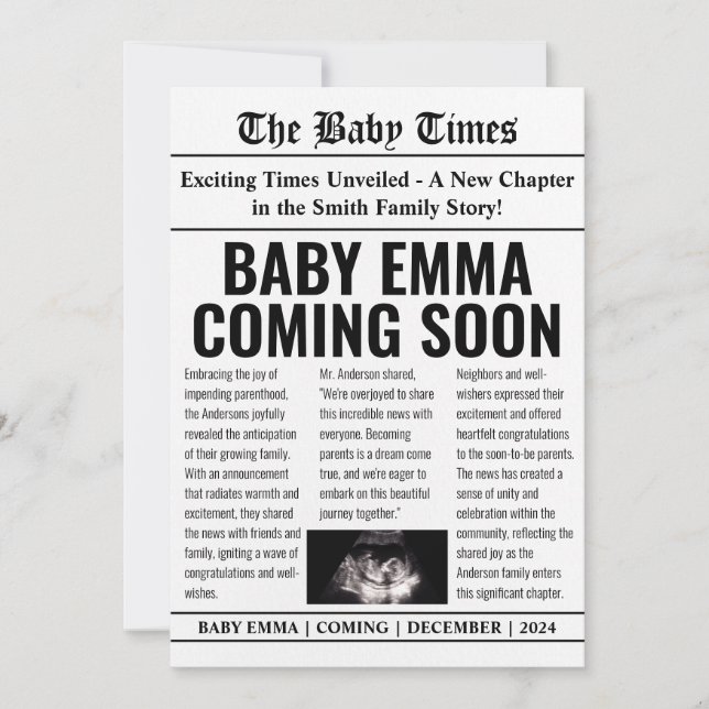Newspaper Style Pregnancy Announcement with Photo (Front)