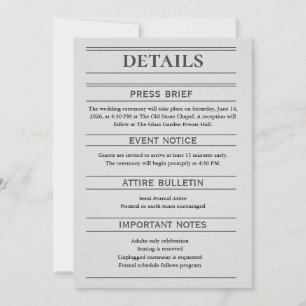 Newspaper-Style Wedding Details Card