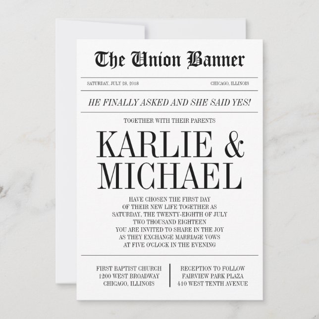 Newspaper Style Wedding Invitation (Front)