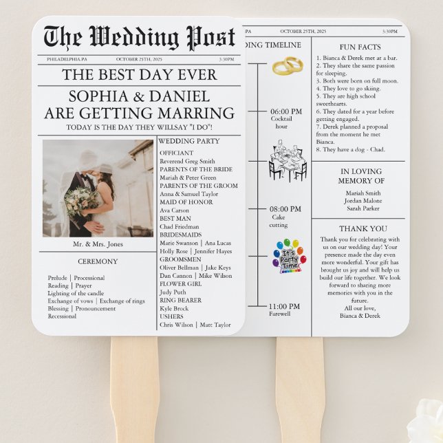 Newspaper-Style Wedding Program with Photo Timelin Hand Fan (Creator Uploaded)