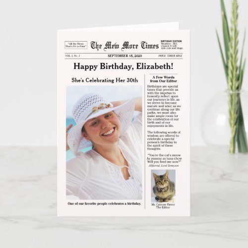 Newspaper Style with Cat Customizable Birthday Card