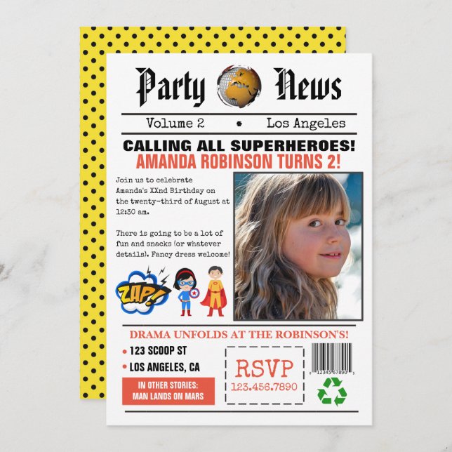Newspaper Superhero Birthday Party Invitation (Front/Back)
