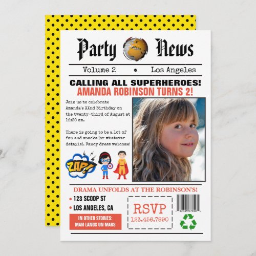 Newspaper Superhero Birthday Party Invitation