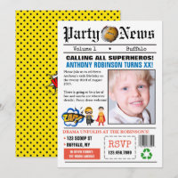 Newspaper Superhero Birthday Party photo Invite