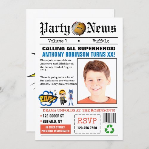 Newspaper Superhero Birthday Party photo Invite