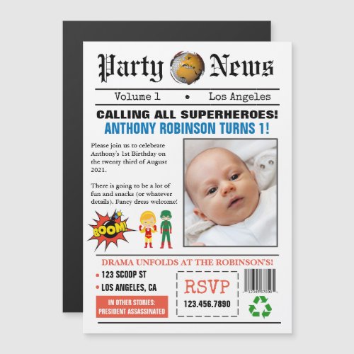 Newspaper Superhero Birthday Party Photo Magnetic Invitation