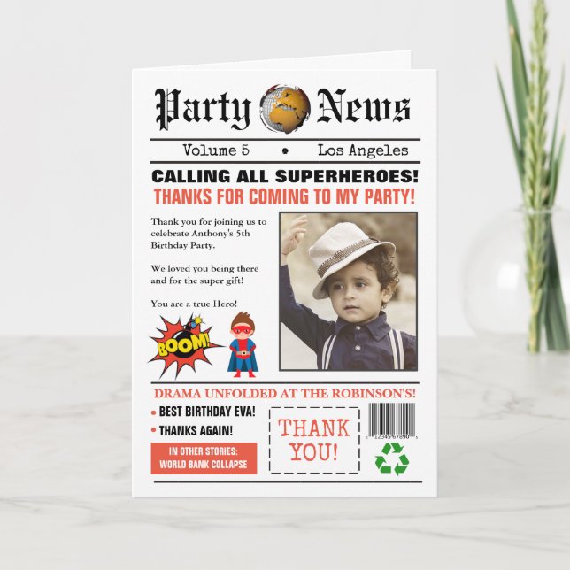 Newspaper Superhero Birthday Party Photo Thank You Card (Front)