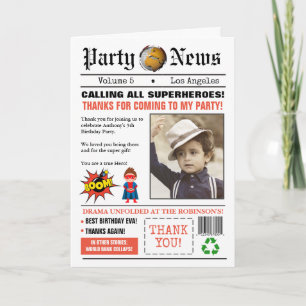 Newspaper Superhero Birthday Party Photo Thank You Card
