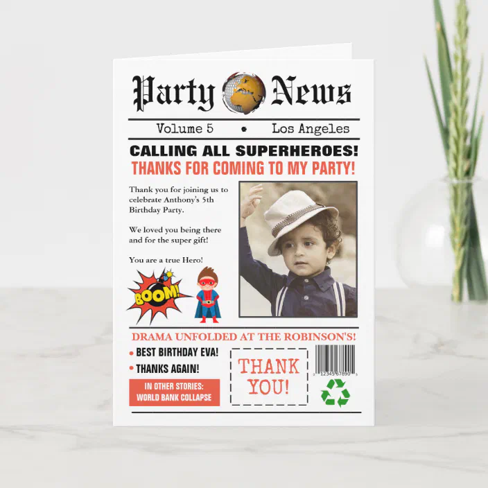 Newspaper Superhero Birthday Party Photo Thank You Card Zazzle Com