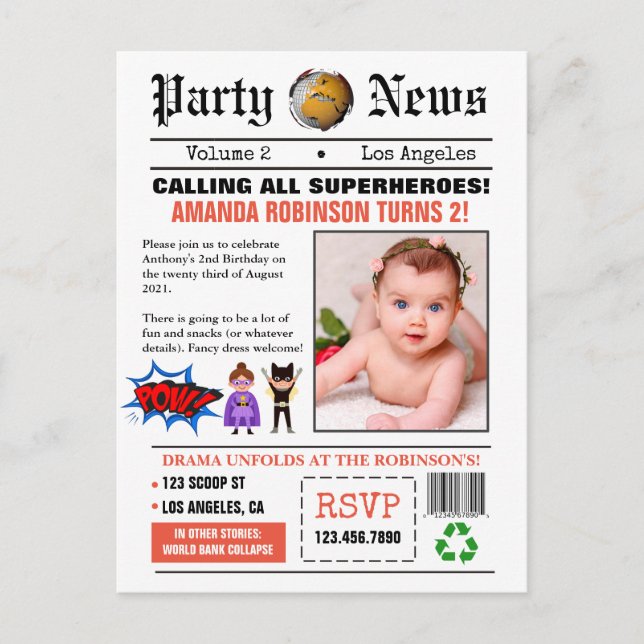 Newspaper Superheroes Birthday Party Photo Postcard (Front)