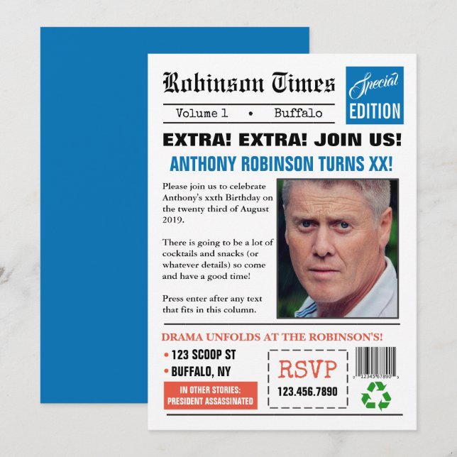 Newspaper themed any age Birthday photo Invitation (Front/Back)