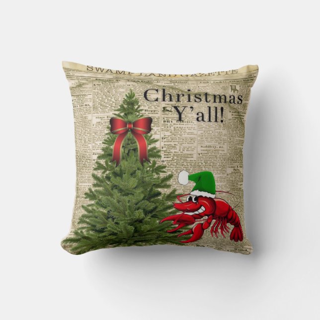 Newspaper Tree Crawfish It’s Christmas Y’all Throw Pillow (Front)