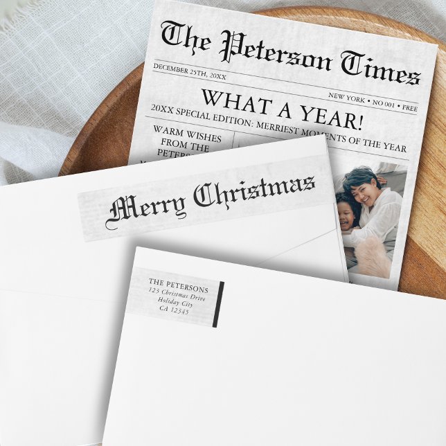 Newspaper Unique Black and White Christmas Wrap Around Label (Newspaper Christmas Return Address Label)
