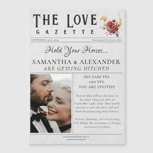 Newspaper Unique Chic Photo Save the Date Wedding Magnetic Invitation