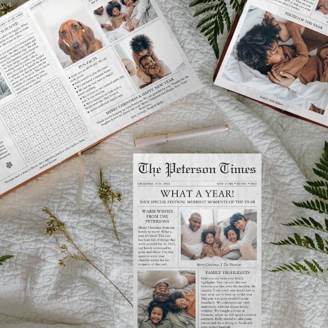 Newspaper Unique Christmas What a Year Multi Photo Tri-Fold Holiday Card (Newspaper Christmas Card)