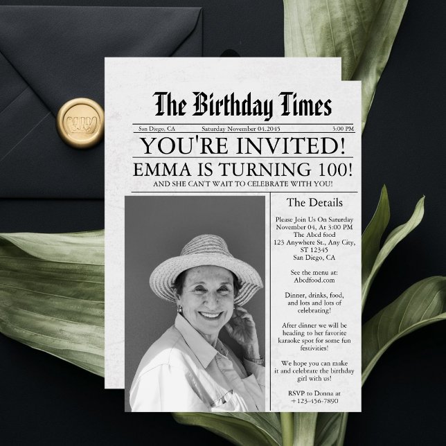 Newspaper Unique Fun 100th Birthday Photo Party  Invitation (Creator Uploaded)