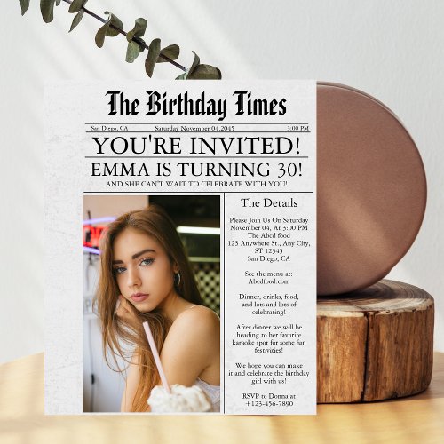 Newspaper Unique Fun 30th Birthday Photo Party  Invitation