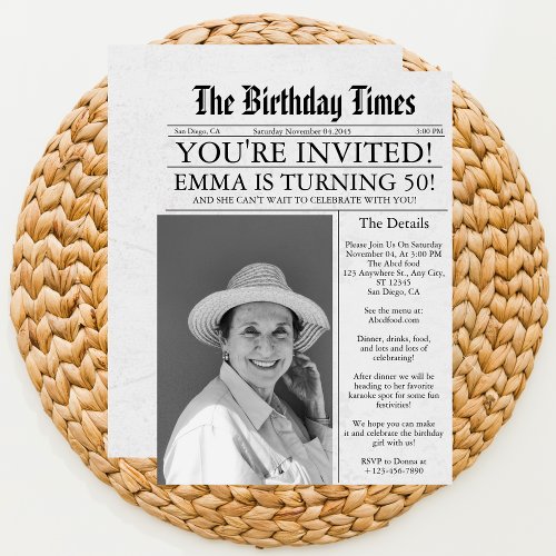 Newspaper Unique Fun 50th Birthday Photo Party  Invitation