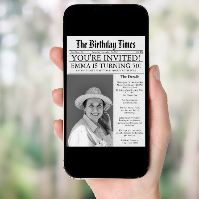 Newspaper Unique Fun 50th Birthday Photo Party  Invitation (Front Digital)
