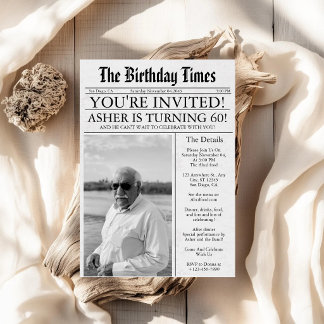 Newspaper Unique Fun 60th Birthday Photo Party Invitation