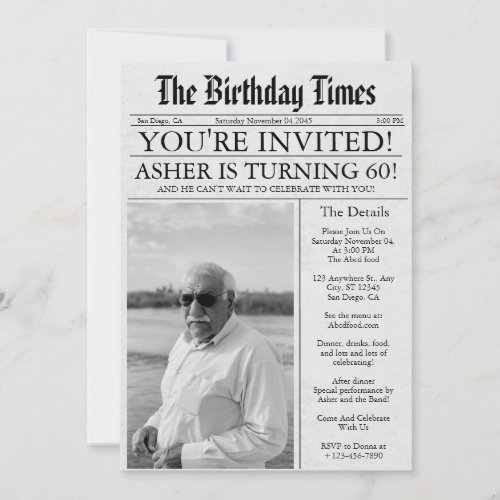 Newspaper Unique Fun 60th Birthday Photo Party  Invitation
