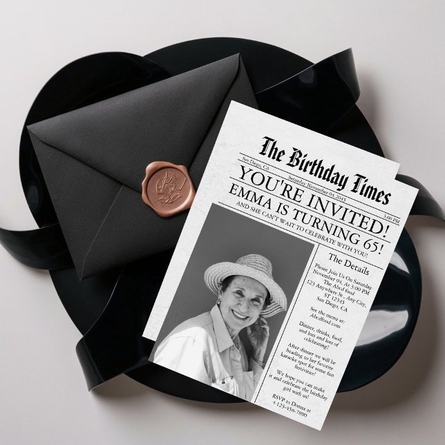 Newspaper Unique Fun 65th Birthday Photo Party  Invitation (Creator Uploaded)