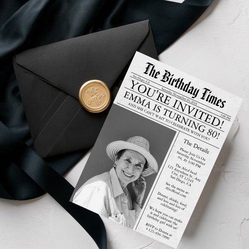Newspaper Unique Fun 80th Birthday Photo Party  Invitation