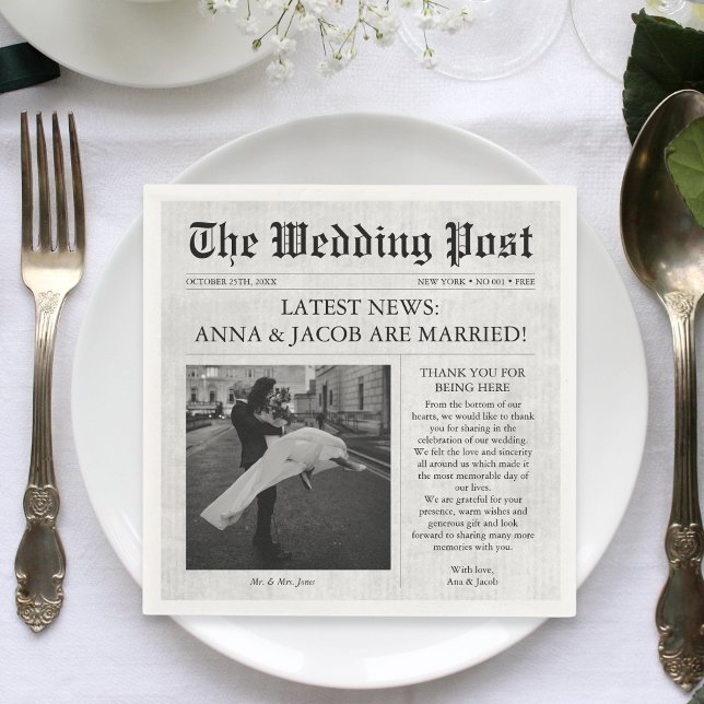 Newspaper Unique Fun Facts Photo Wedding Napkins (Wedding Newspaper Personalized Napkins)