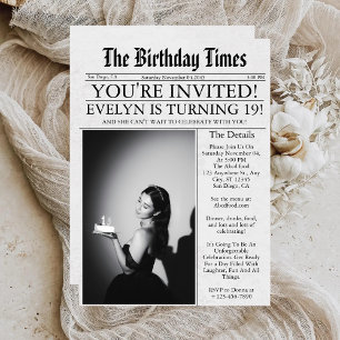 Newspaper Unique Fun Photo 19th Birthday Party Invitation