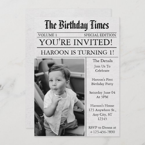Newspaper Unique Fun Photo 1st Birthday Party Invitation