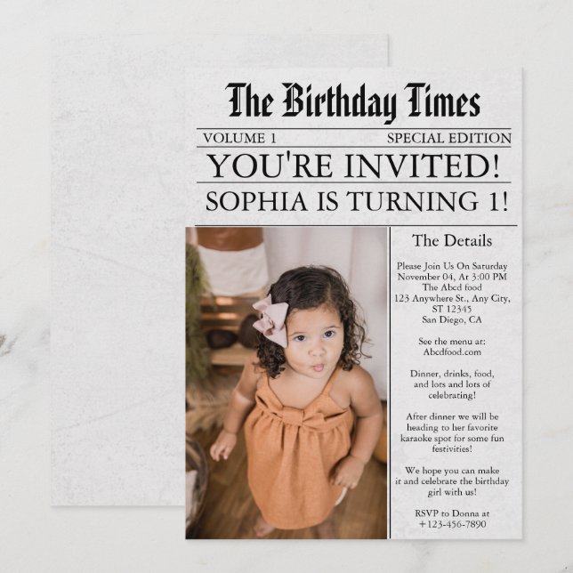 Newspaper Unique Fun Photo 1st Birthday Party  Invitation (Front/Back)