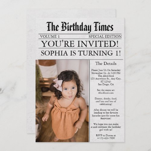 Newspaper Unique Fun Photo 1st Birthday Party  Invitation
