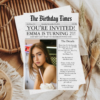 Newspaper Unique Fun Photo 21st Birthday Party Invitation