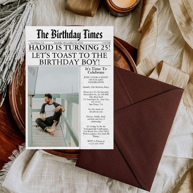 Newspaper Unique Fun Photo 25th Birthday Party  Invitation (Creator Uploaded)