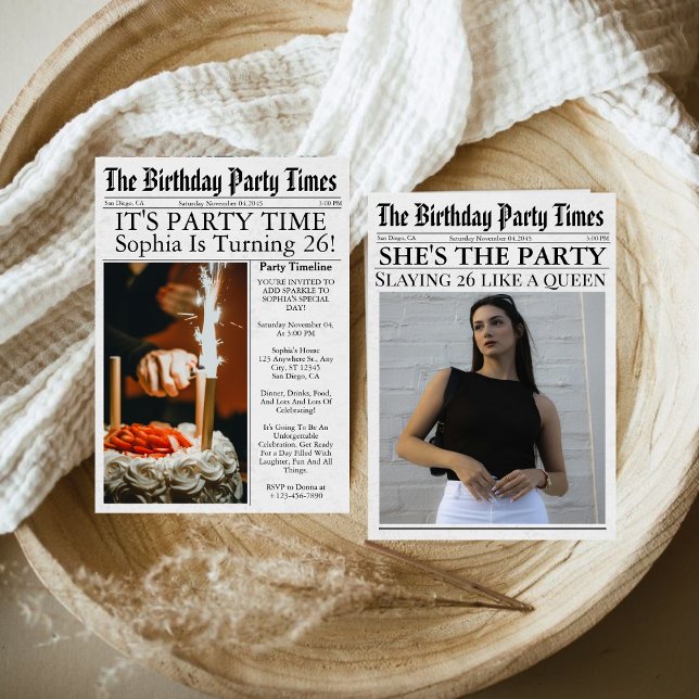 Newspaper Unique Fun Photo 26th Birthday Party  Invitation (Creator Uploaded)