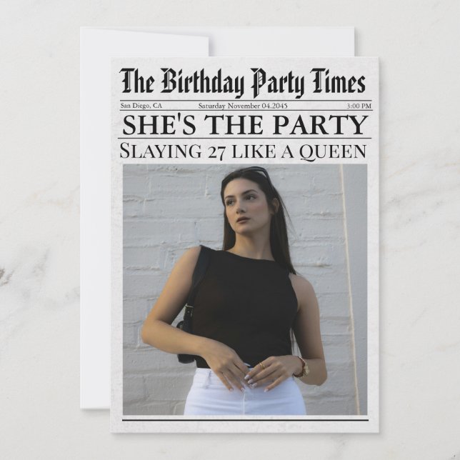 Newspaper Unique Fun Photo 27th Birthday Party  Invitation (Front)