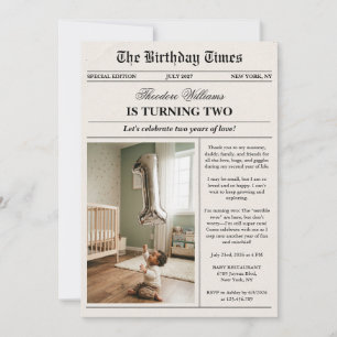 Newspaper Unique Fun Photo 2nd Birthday Party Invitation