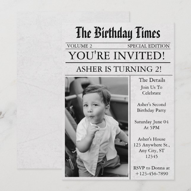 Newspaper Unique Fun Photo 2nd Birthday Party Invitation (Front/Back)