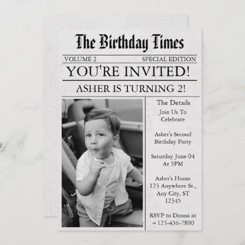 Newspaper Unique Fun Photo 2nd Birthday Party Invitation