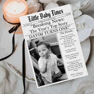 Newspaper Unique Fun Photo Boy 1st Birthday Party Invitation