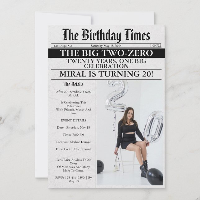 Newspaper Unique Fun Photo Girl 20th Birthday Invitation (Front)
