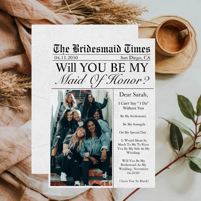 Newspaper Unique Fun Photo Maid of Honor Proposal  Invitation (Creator Uploaded)