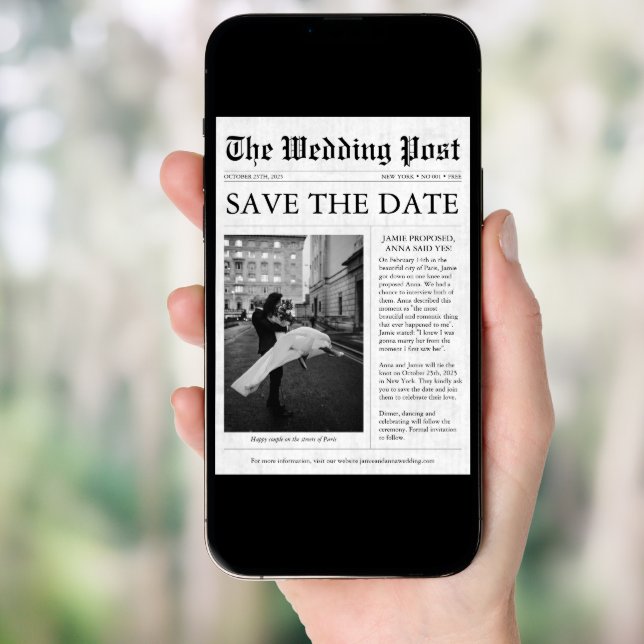 Newspaper Unique Fun Photo Save the Date Wedding I Invitation (Front Digital)