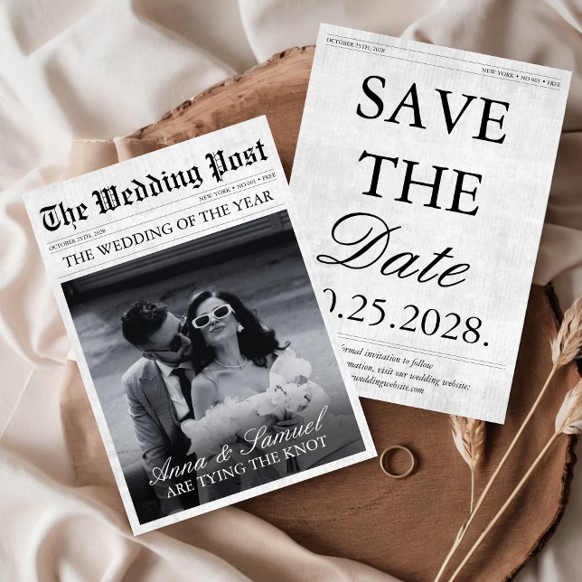 Newspaper Unique Fun Photo Save the Date Wedding Invitation (Newspaper Wedding Save the Date Card Unique Photo Black & White Modern Old Money Aesthetic)