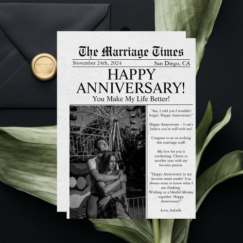 Newspaper Unique Fun Photo Wedding Anniversary 