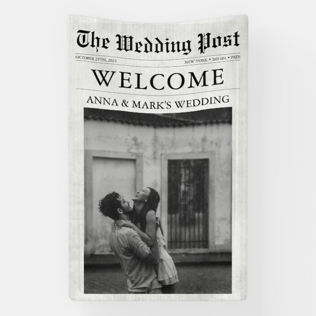 Newspaper Unique Fun Photo Wedding Welcome Sign (Vertical)