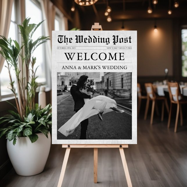 Newspaper Unique Fun Photo Wedding Welcome Sign (Newspaper Wedding Welcome Sign with Photo, Modern, Unique, Elegant, Aesthetic)