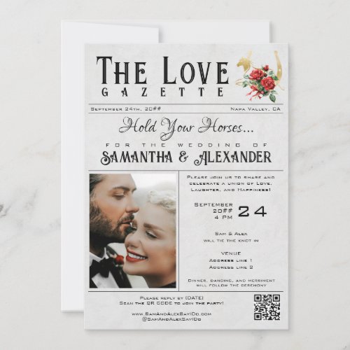 Newspaper Unique Horseshoe Roses Wedding Details Invitation