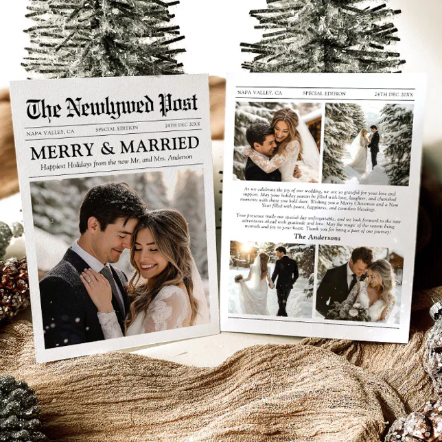 Newspaper Unique Merry and Married Photo Christmas Holiday Card
